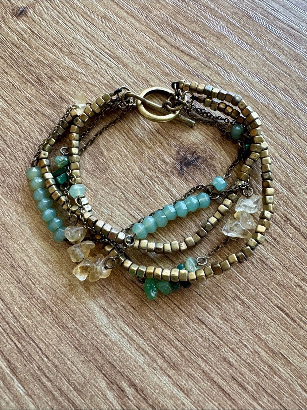 Vintage Boho Multi-Strand Antique Brass & Aqua Glass Bead Toggle Bracelet 7”